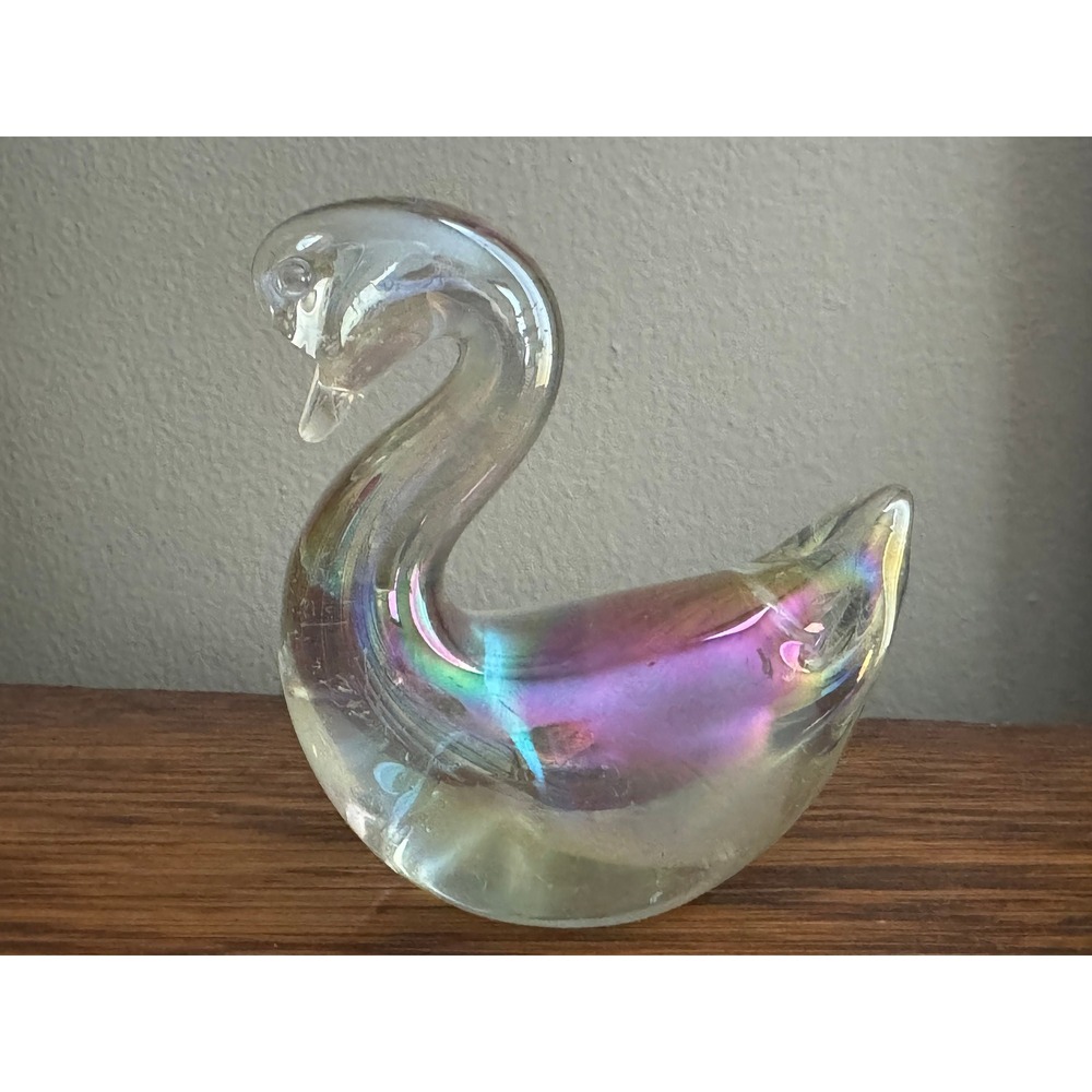 Vintage Clear Glass Iridescent Swan Figurine | Iridescent Art Glass Paperweight